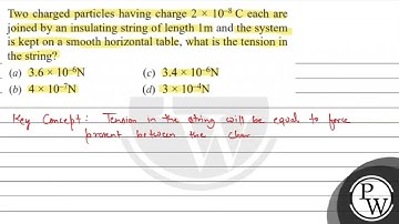 Two charged particles having charge \( 2 \times 10^{-8} \mathrm{C} \) each are joined by an insu...