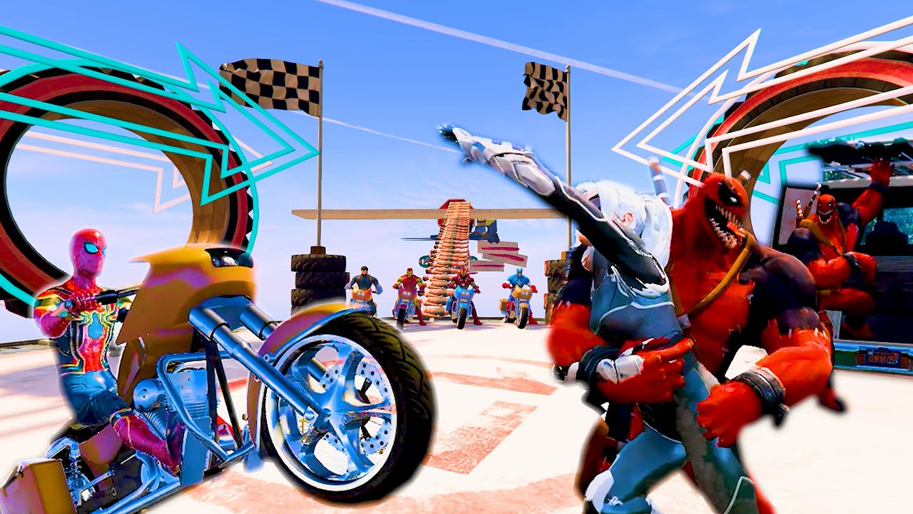 Epic Battle with Venom! Spider-Man Superheroes Race on Motorcycles!