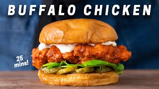 25 Minute Crispy Buffalo Chicken Sandwich (with Homemade Blue Cheese Sauce)