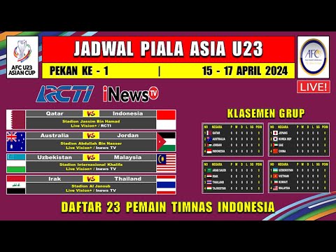 Jadwal Piala Asia U23 2024 Match 1 Live RCTI ~ INDONESIA vs QATAR ~ Daftar Resmi 23 Pemain Timnas