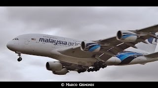 Malaysia Airlines A380-841 crosswind landing at Heathrow 27L