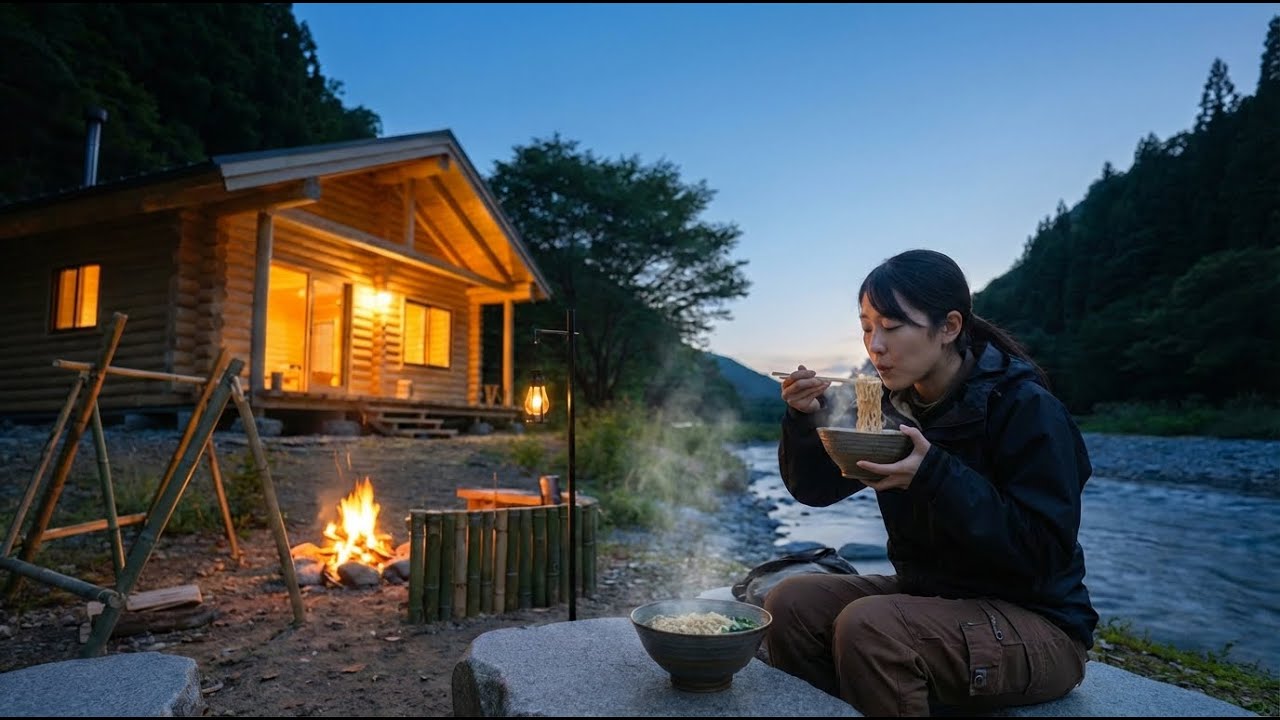 ASMR Solo Camping by a Crystal Clear River | Bamboo Mini Hut Build + Noodles & Tea