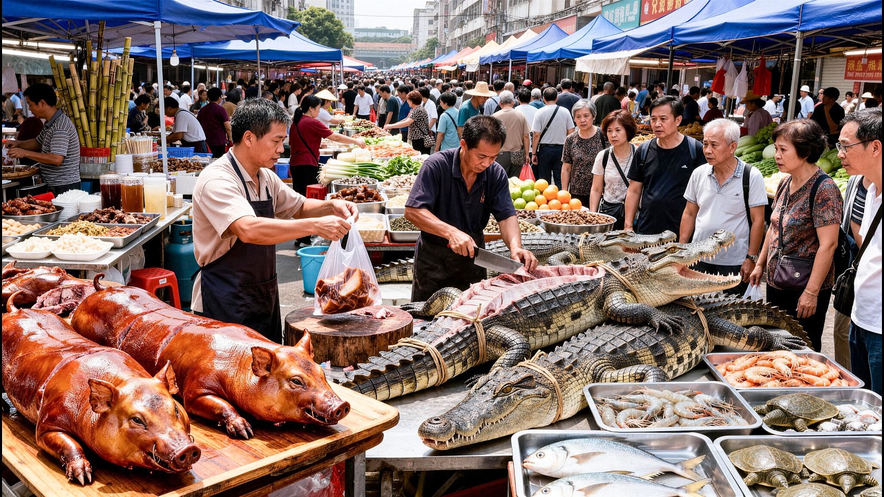 中國最生猛菜市場 CN 廣東順德三洲墟：鰐魚竹鼠烏龜蛇，奇珍猛獸樣樣有！燒肉燒臘魚餅腸粉倫教糕，地道美食盛宴！現場人山人海望不到頭，不愧被稱爲墟市天花板