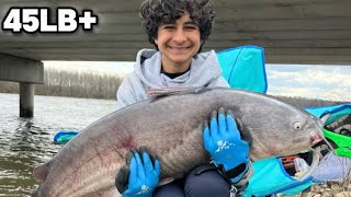 THE BIGGEST FISH OF MY LIFE 45LB+!!!! Epic battle blue catfish fishing clinton lake illinois