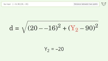 Find the distance between two points p1 (-16,90) and p2 (20,-20): Step-by-Step Video Solution