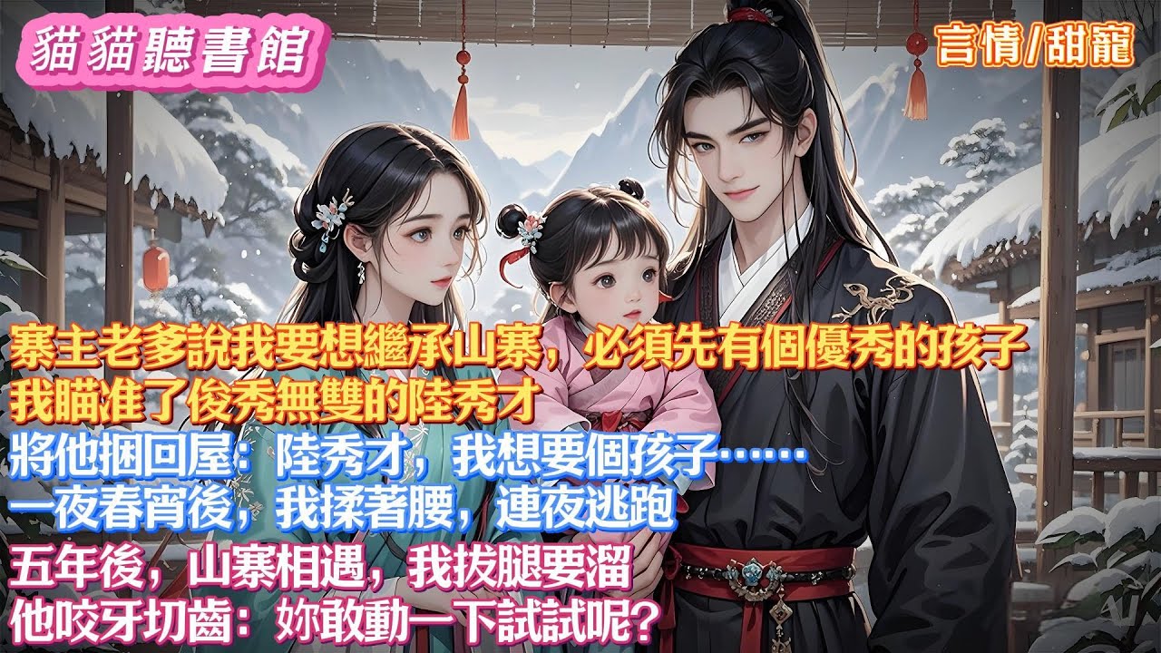 【甜文】老爹說我想繼承山寨必須有個孩子。我瞄准了俊秀無雙的陸秀才，將他捆回屋：陸秀才，我想要個孩子…一夜春宵後，我連夜逃跑。五年後山寨相遇，我拔腿要溜。他咬牙切齒：妳敢動一下試試#有聲小說#一口氣看完