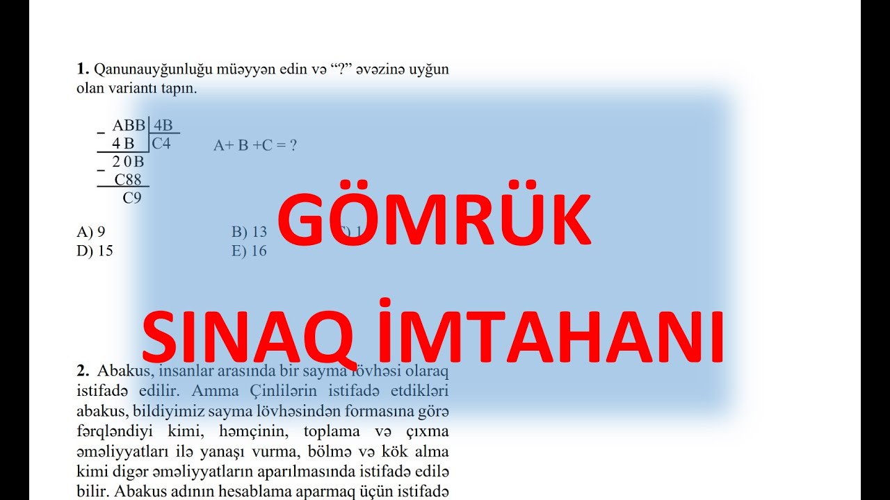 Gömrük hazırlığı üzrə sınaq imtahanı (Məntiq) 19.05.2024