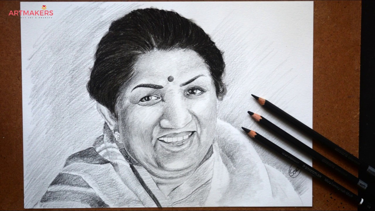 how to draw face of singer Lata Mangeshkar Pencil Drawing ARTMAKERS