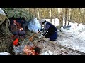 Winter Bushcraft Build Natural Primitive Shelter - Fur Blanket - Campfire Cooking - Steak on a Stick