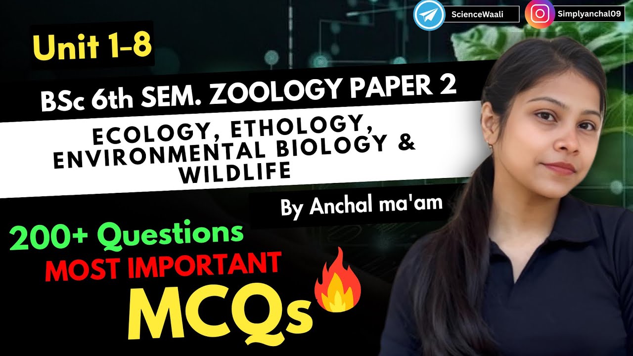 BSc 6th semester Zoology paper 2 Unit 1 to 8 mcqs 🔥💯 in Hindi & English ...