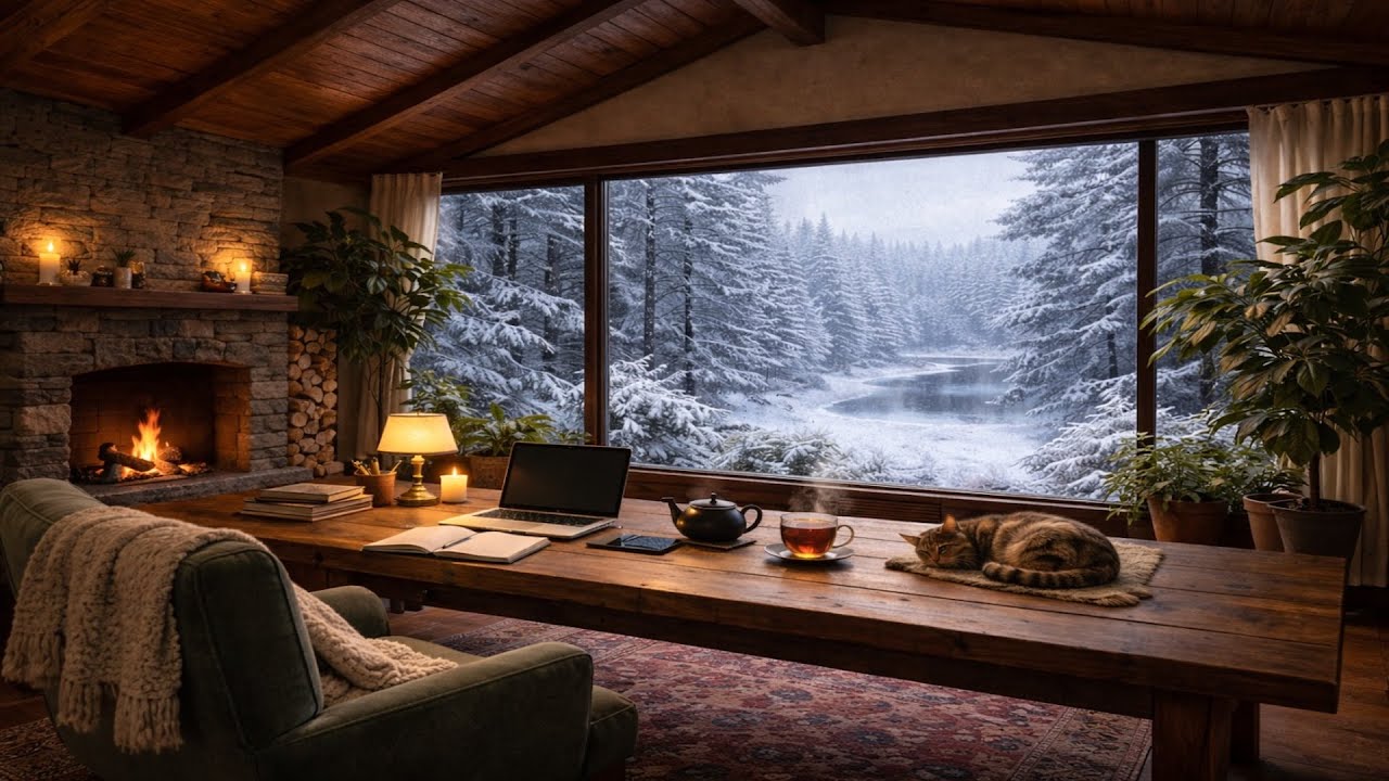4K Deep Focus Winter Cabin ❄️ Fireplace & Snow | Piano Jazz for Study, Work & Reading (1.5 Hours)