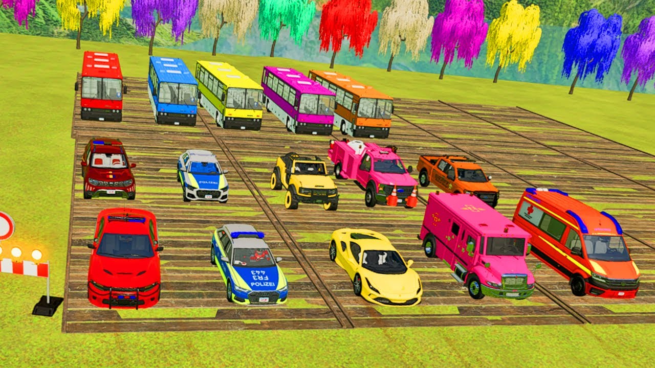 TRANSPORTING CARS, AMBULANCE, POLICE CARS, MOTORCYCLE, FIRE TRUCK OF COLORS! WITH TRUCKS! - FS 22