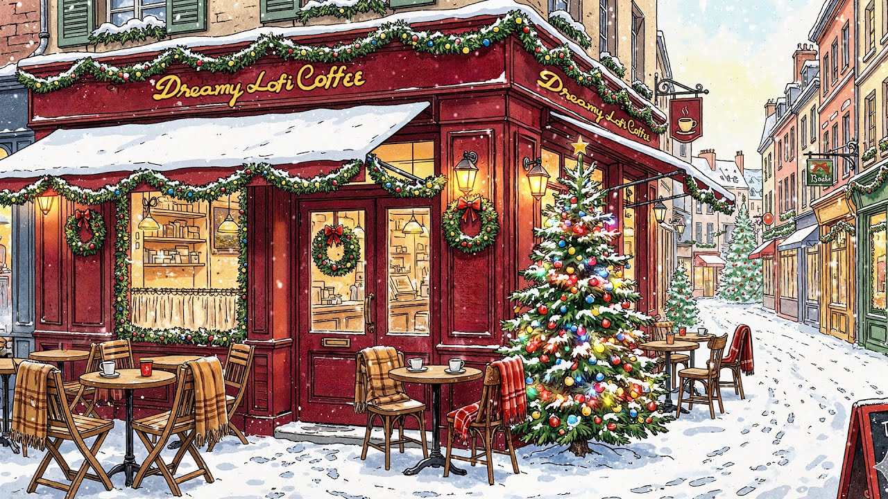 Snowy Christmas Street Café 🎄 | Warm Lofi Coffee Shop Ambience 🎄✨ [ Lofi Hip Hop ]