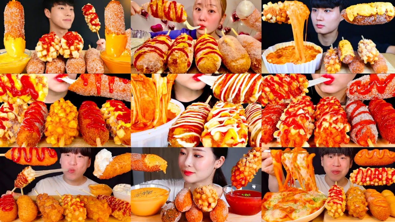 BEST SATISFYING BIG BITES CORN DOG CHEESY MOZZARELLA MUKBANG COMPILATION * CRUNCHY FAST FOOD ASMR
