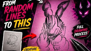 Drawing a Dark Fantasy Creature From Scratch | Full Art Process. 🔥 