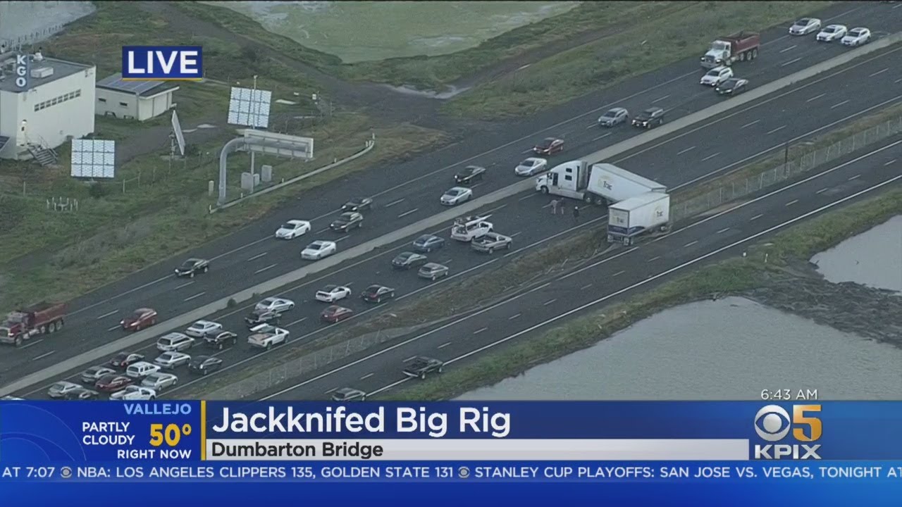 Jack-Knifed Big Rig Blocks All EB Lanes On Dumbarton Bridge - YouTube