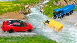 Cars vs Fast Flowing River, Fallen Trees and Train Tracks ▶️ BeamNG Drive