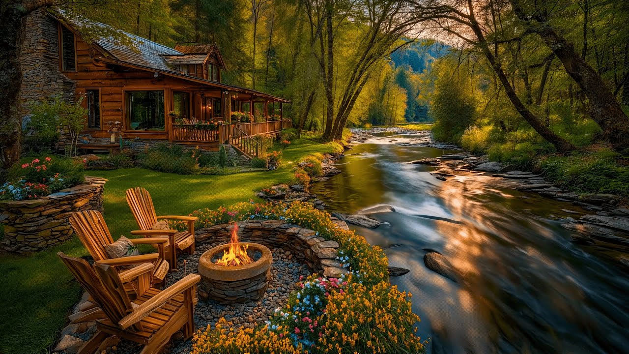 Birdsong Greets the River This Spring Morning… 🌿 Forest Fire & Cabin Patio