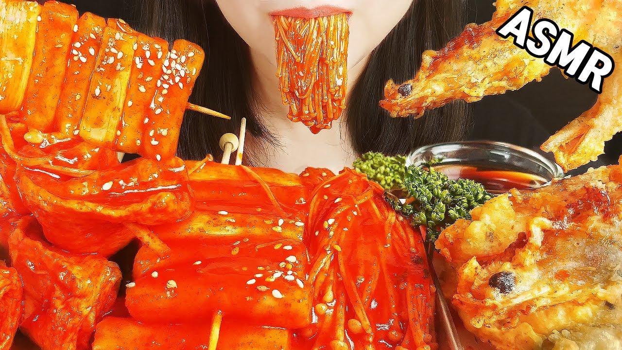ASMR SPICY ENOKI MUSHROOM, RICE CAKE, FISH CAKE + FIRED SHRIMP, SQUID ...