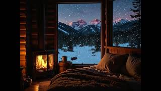 Watching fireplace in a small cozy cabin at a snowy night