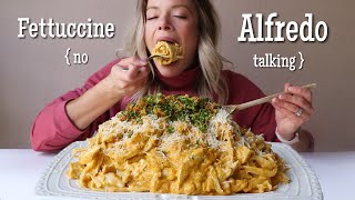 Roasted Fall Veg Fettuccine Alfredo w/ Roasted Chicken MUKBANG | No Talking (Talking Removed)