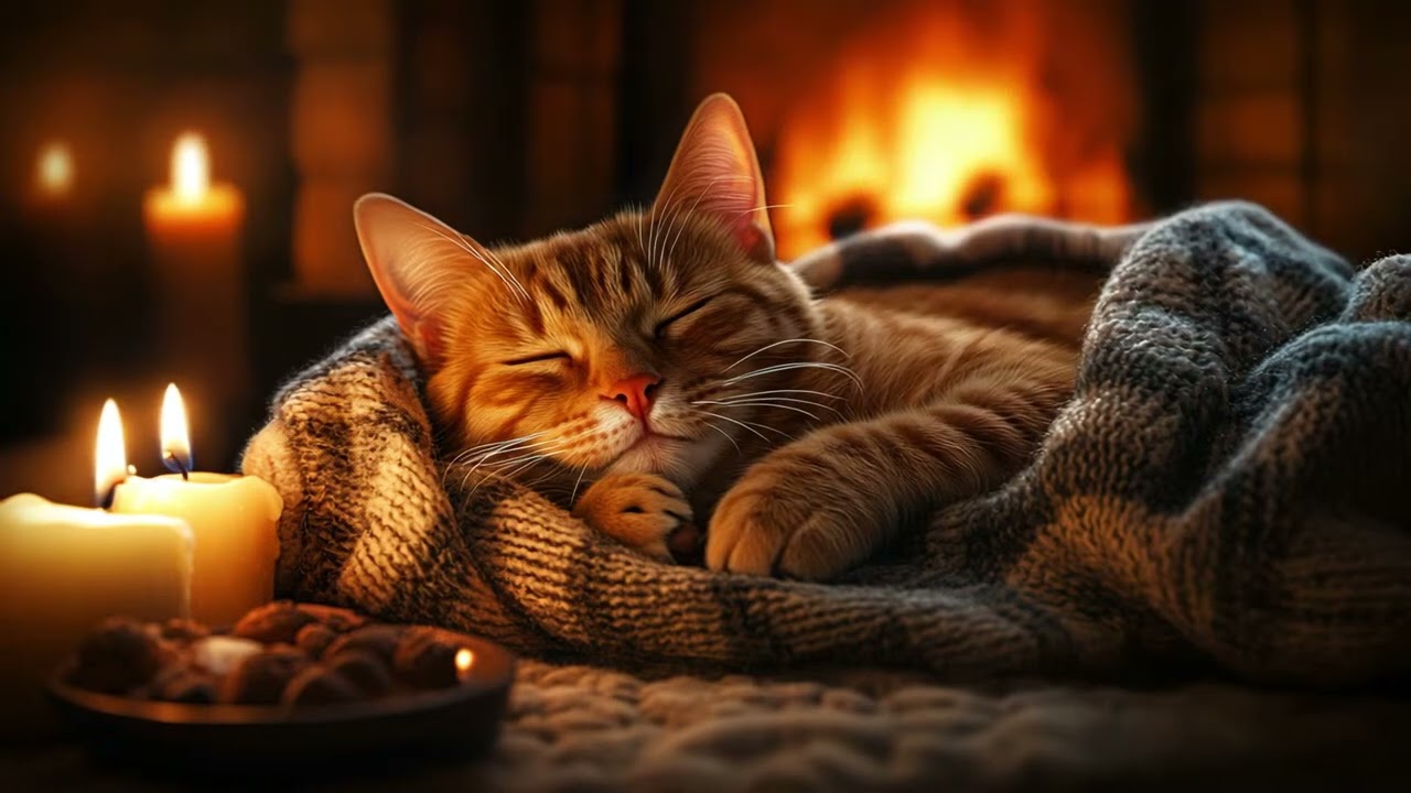 Уютный мурлыкающий кот ASMR 🔥 Умиротворяющие звуки камина и нежное мурлыканье для сна и расслабления