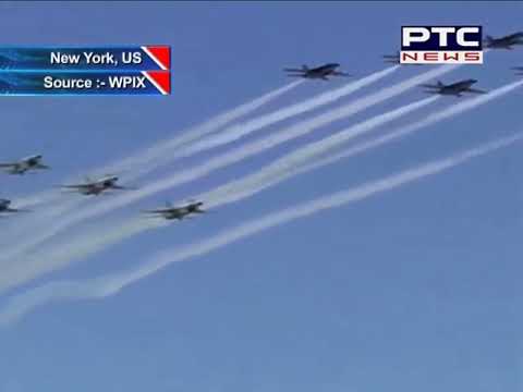 U S Navy`s Blue Angels and the Air Force`s Thunderbirds fly over NYC