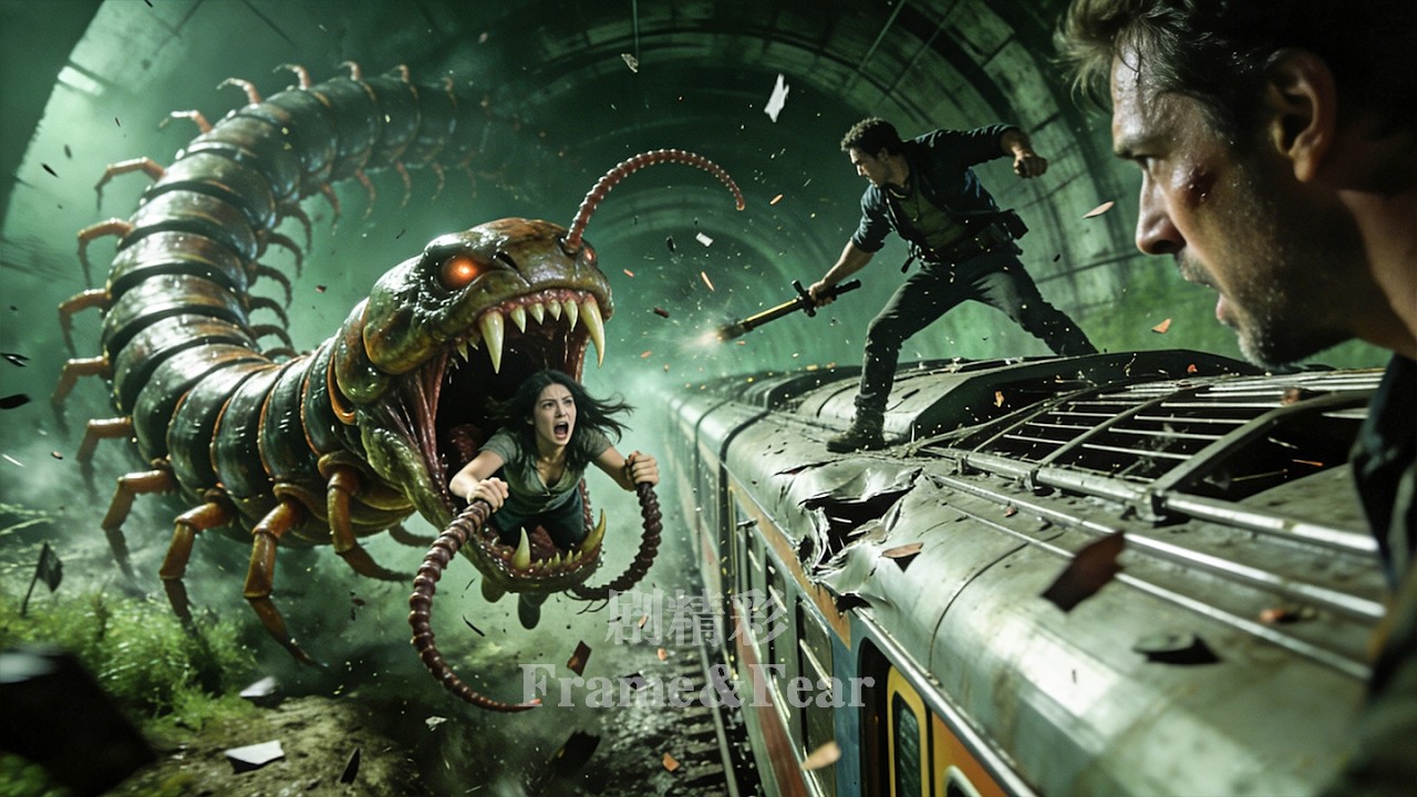 Гигантская многоножка пожирает женщину.Мужчина сражается с чудовищем-многоножкой ​​кровавой схватке