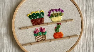 Hand Embroidery Little Flower Pots Embroidery With Free Pattern Embroidery Tutorial For Beginners