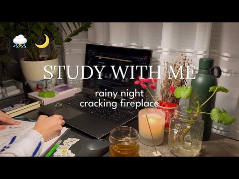 STUDY WITH ME 🪵🌧 rain storm & cracking fireplace | 1-hour real time