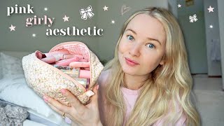 creating a pink, girly, + aesthetic makeup bag 🩷🎀✨