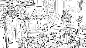 Craft Room Old Sewing Machine Decor Interior Design Zen Color #PaintbyNumber #coloringbook