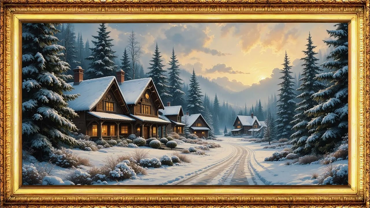 Winter Cabin Forest | Gold Frame Snow TV Art | 4K Peaceful Lodge Screensaver | Cozy Fireplace Video