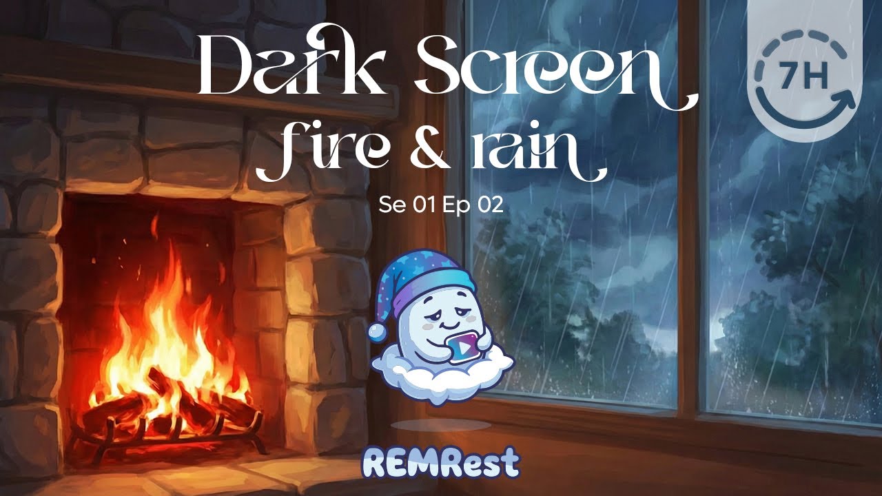 7 Hours Rain & Rolling Thunder with Fireplace • Dark Screen Sleep Sounds