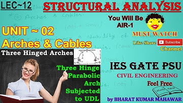 Structural Analysis~Lec 12~U2~Arches & Cables (Three Hinged Parabolic Arch) by Bharat Kumar Mahawar