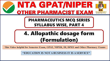 Pharmaceutics I MCQ Series Part 4||Allopathic dosage form(Formulation)||GPAT/NIPER| @pharmshala