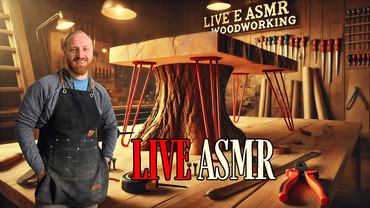 LIVE ASMR Woodworking: Adding Red Hairpin Legs to a Stump Table | DIY Furniture Build