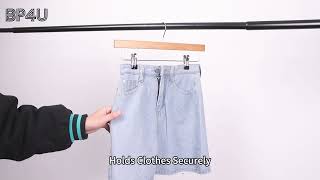 BP4U 14 Wood Pants Hangers with Adjustable Anti-Slip Clips for Skirt, Slacks, Trousers, Jeans