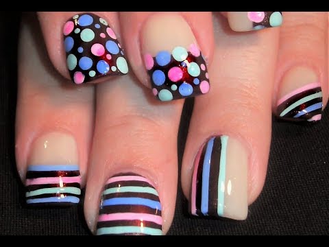Pastel Polka Dots & Stripes on Chocolate Brown Nail Art