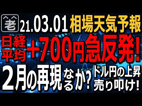 【相場天気予報】週末に1200円急落した日経平均は今日、約700円の急反発となった。2月のように、このまま再上昇して高値を追うのか?それとも反落があるか?ドル円は高値を売り叩け!ラジオヤジの相場解説。
