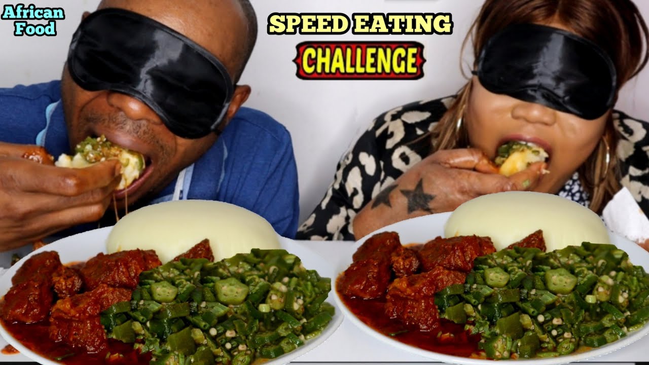 ASMR FUFU AND OKRO SOUP + BEEF STEW | SPEED EATING BLINDFOLD CHALLENGE | AFRICAN FOOD #TheAdimFamily