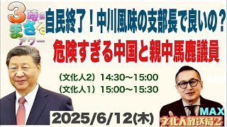 【自民終了！中川風味の支部長で良いの？】危険すぎる中国と親中馬鹿議員…他 2025/6/12（木）文化人① 15:00~15:30『3時のまさるアワーMAX』後半