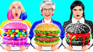 Cara Membuat Pelangi Raksasa dan Burger Hitam Tantangan dengan Wednesday Addams | Perang Lelucon