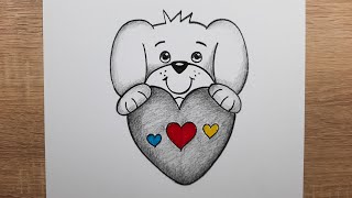 Kolay Karakalem Kalp Tutan Sevimli Yavru Köpek Resmi Adım Adım Nasıl Çizilir