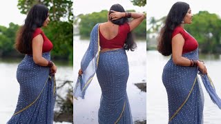 South Indian Saree Look With Grey Netted Soft Saree & Red Cotton Blouse | Beautiful Lake View Look screenshot 4