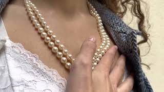 Vidéo: Collier double de perles de culture du Japon en chute. Fermoir avec diamants.