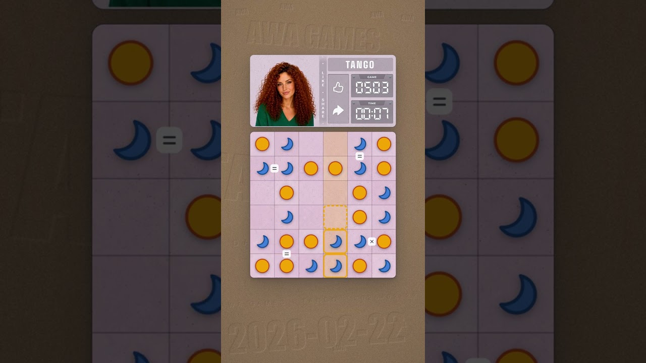 LinkedIn Tango #503 solved board for February 22, 2026, 6x6 grid
