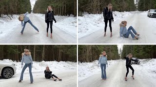 Two girls BAREFOOT comparing different high heels on slippery ice and snow, shoes on ice (# 1389)