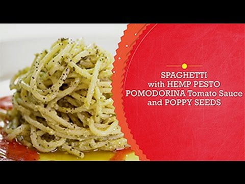 Spaghetti with hemp pesto, pomodorina tomato sauce and poppy seeds