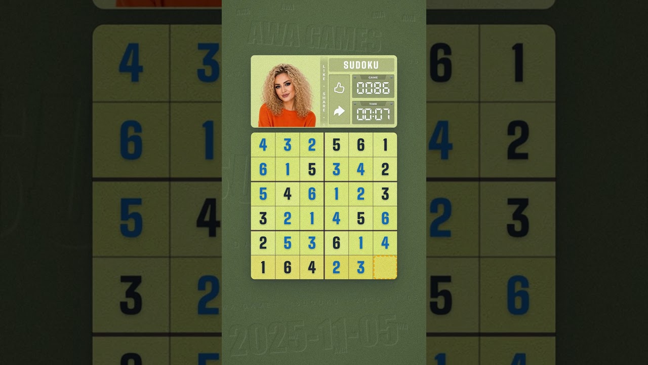 LinkedIn Mini Sudoku #86 solved board for November 5, 2025, 6x6 grid